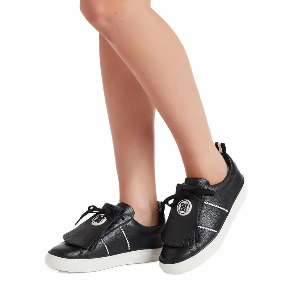 G/FORE Black Leather Low-Top Sneaker with White Sole and Stripe Accents